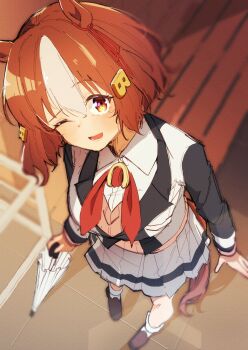 1girl absurdres animal_ears belno_light_(umamusume) black_shoes blush brown_eyes brown_hair foreshortening gorioshi0802 highres holding holding_umbrella horse_ears horse_girl horse_tail kasamatsu_tracen_school_uniform long_sleeves one_eye_closed open_mouth school_uniform shirt shoes short_hair sketch skirt smile socks solo standing tail tile_floor tiles umamusume umbrella white_shirt white_skirt white_socks