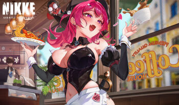 Rule 34 | 1boy, 1girl, absurdres, apron, arm bow, bare shoulders, bird, black corset, blush, breasts, brown hair, cafe, cleaning rag, cleavage, coffee, commander (nikke), commentary, corset, cup, cutlass, detached sleeves, display case, fang, food, glasses, goddess of victory: nikke, grey jacket, hair ornament, hat, hat ornament, heart, highres, holding, holding cup, holding plate, jacket, large breasts, long hair, maid, maid apron, mast (nikke), mast (romantic maid) (nikke), midriff, morgan (nikke), navel, necktie, open mouth, oreoqwq, parrot, pasta, pink eyes, pink hair, pirate hat, plate, short hair, skin fang, skull choker, skull collar, skull hair ornament, skull hat ornament, smile, spaghetti, sword, unconventional maid, weapon, white apron, white necktie