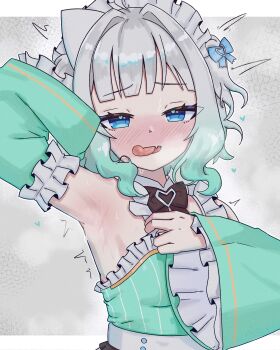 1girl absurdres arm_up armpit_focus armpits black_bow black_bowtie blue_eyes blush border bow bowtie densetsu.exe detached_collar detached_sleeves dress fang from_side green_dress green_hair grey_background grey_hair hair_bow heart heart_in_eye highres licking_lips localpervert5 looking_at_viewer maid maid_headdress mint_fantome multicolored_hair outside_border presenting_own_armpit skin_fang solo steaming_body streaked_hair sweat symbol_in_eye tongue tongue_out unconventional_maid upper_body virtual_youtuber white_border