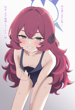 1girl alternate_costume bare_shoulders blue_archive blue_one-piece_swimsuit blush breasts clothes_pull collarbone crossed_bangs downblouse gradient_background grey_background grey_eyes grin hair_between_eyes half-closed_eyes halo highres iroha_(blue_archive) koucha_(sr4ez) leaning_forward loli long_hair looking_at_viewer one-piece_swimsuit one-piece_swimsuit_pull pulling_own_clothes purple_halo red_hair ribbon school_swimsuit simple_background small_breasts smile solo sweat swimsuit very_long_hair