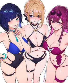 3girls absurdres alternate_costume bikini black_bikini black_choker blonde_hair blue_hair blue_nails blush breasts choker cleavage collarbone covered_navel criss-cross_halter crossed_arms crossover diagonal_bangs earrings evelyn_chevalier eyes_visible_through_hair eyewear_on_head feet_out_of_frame genshin_impact glasses green_eyes halterneck hand_on_own_hip hand_up highres honkai:_star_rail honkai_(series) jewelry kafka_(honkai:_star_rail) large_breasts long_hair looking_at_viewer mole mole_on_breast mole_under_eye multiple_girls nail_polish navel one-piece_swimsuit one_eye_closed paid_reward_available parted_lips patreon_username pince-nez purple_bikini purple_eyes purple_hair qiandaiyiyu short_hair sidelocks simple_background skindentation smile standing stomach swimsuit symbol-shaped_pupils thigh_strap tongue tongue_out white_background yelan_(genshin_impact) zenless_zone_zero