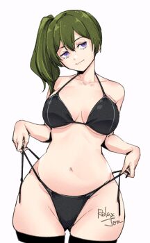 1girl artist_name bikini bikini_pull black_bikini breasts clothes_pull collarbone green_hair half-closed_eyes highres large_breasts navel purple_eyes relaxjon seductive_gaze seductive_smile side-tie_bikini_bottom side_ponytail smile solo sousou_no_frieren swimsuit teasing ubel_(sousou_no_frieren) white_background wide_hips