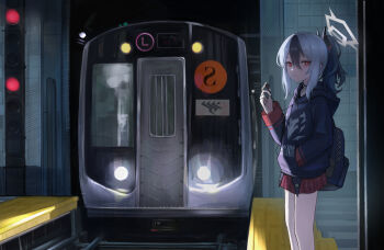 1girl black_bag black_hair blue_archive blue_hoodie closed_mouth commentary_request earphones expressionless grey_hair grey_halo halo hand_in_pocket hand_up holding holding_earphones hood hoodie kayoko_(blue_archive) long_hair long_sleeves looking_at_viewer outdoors pink_skirt ponytail red_eyes shadow117 skirt solo standing train train_station