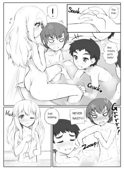 ! 2girls 3boys abubu bathing blush covering_privates english english_text engrish loli long_hair looking_at_pussy monochrome multiple_boys multiple_girls nipples nude one_eye_closed original pervert punching ranguage short_hair shota spread_legs towel unfinished wink