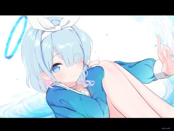 1girl absurdres arona_(blue_archive) blue_archive blue_eyes blue_hair blue_halo blush braid choker colored_inner_hair hair_over_one_eye hairband halo hand_on_own_knee highres hugging_own_legs knees_to_chest legs_folded long_sleeves looking_at_viewer medium_hair multicolored_hair pink_hair pointing sailor_collar sakurano_rocco short_hair smile solo white_choker white_hairband