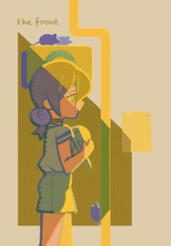 1girl chainsaw_man commentary green_eyes grey_shirt grey_shorts hair_bun hat holding holding_unworn_clothes holding_unworn_hat mouse_(animal) purple_hair reze_(chainsaw_man) shirt shirt_tucked_in shorts solo symbol-only_commentary tuzaixia unworn_hat unworn_headwear