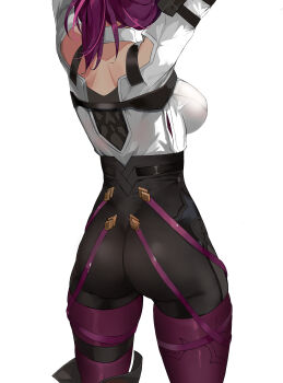 1girl absurdres arms_up ass breasts collared_shirt from_behind high-waist_shorts highres honkai:_star_rail honkai_(series) huge_ass kafka_(honkai:_star_rail) large_breasts long_hair long_sleeves pantyhose purple_hair shirt shorts skindentation smurtz solo standing strap white_shirt