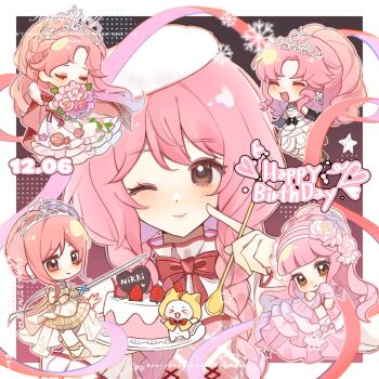 Rule 34 | 5girls, ^ ^, ankle cuffs, armor, bare shoulders, bead choker, beads, beret, between fingers, birthday cake, black background, black boots, black gloves, bloom poetry (shining nikki), boots, border, bouquet, bow, bowtie, bracelet, braid, braided bun, breastplate, brown eyes, bubble skirt, cake, cape, chibi, chinese commentary, choker, closed eyes, closed mouth, coattails, collared shirt, commentary request, covered mouth, cross-laced clothes, cross-laced dress, crown braid, dated, dot nose, dress, dress flower, earrings, elbow gloves, english text, eyelashes, finger to cheek, flower, flower bracelet, flower earrings, flower skirt, food, footwear bow, frilled choker, frilled dress, frilled shirt collar, frills, fruit, fur-trimmed cape, fur trim, gloves, gown, gradient background, hair beads, hair bun, hair flower, hair ornament, hair over shoulder, hairband, half updo, halftone, hand on own cheek, hand on own face, happy, happy birthday, hat, high collar, high heels, highres, holding, holding bouquet, holding plate, holding spoon, holding sword, holding weapon, infinity nikki, jewelry, light blush, lipstick, long dress, long hair, long sleeves, looking at viewer, low twin braids, makeup, medium dress, melody bloom (infinity nikki), miracle nikki, momo (nikki), multiple girls, multiple views, nikki (nikki), nikki (series), nikki up2u2: world traveller, one eye closed, open mouth, outline, outside border, parted bangs, peony (flower), pinafore dress, pink background, pink bow, pink dress, pink flower, pink gloves, pink hair, pink lips, pink ribbon, pink rose, plaid clothes, plaid dress, plate, ponytail, qingyang huahe mu, red bow, red bowtie, red cape, ribbon, rose, shining nikki, shirt, shoes, short dress, short hair with long locks, shoulder bow, silky sweet dream (shining nikki), sincere dream trip (nikkiup2u2), single hair bun, skirt, sleeveless, sleeveless dress, sleeves past wrists, smile, smirk, snowflakes, spoon, star (symbol), strapless, strapless dress, strawberry, sword, thighhighs, tiara, twin braids, updo, upper body, very long hair, weapon, when blossoms gather (miracle nikki), white arm warmers, white border, white choker, white dress, white flower, white hairband, white hat, white shirt, white thighhighs, yellow outline, yellow shoes