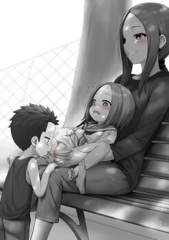 1boy 2girls :q age_difference assisted_exposure babu barefoot bench bisexual_female blush brown_hair censored closed_eyes commentary_request embarrassed exhibitionism feet female_collaborator female_pervert fingering flying_sweatdrops greyscale highres incest karakai_jouzu_no_(moto)_takagi-san karakai_jouzu_no_takagi-san kodomo_doushi loli long_sleeves looking_at_pussy monochrome mosaic_censoring mother_and_daughter multiple_girls naughty_face nervous nishikata_chii oshiro_(takagi-san) outdoors panties_around_leg pants park_bench pervert public_indecency pussy short_hair shota sidelocks sitting sitting_on_lap sitting_on_person soles spot_color spread_legs spread_pussy staring takagi-san toes tongue tongue_out