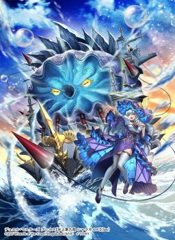 Rule 34 | 1girl, 2025, aqua hair, bangle, blue dress, bracelet, breasts, bubble, copyright notice, dress, duel masters, duel masters play's, frilled dress, frilled hat, frills, gold bangle, gradient sky, hand on own chest, hat, highres, jewelry, kosi, large hat, long hair, monster, multicolored dress, ocean, official art, open mouth, outstretched arm, purple dress, purple shoes, shakogairu (duel masters play's), shoes, sky, splashing, teeth, thighhighs, upper teeth only, white dress, white thighhighs, yellow eyes