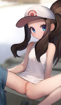 1girl aged_down arm_support baseball_cap blue_eyes blur_censor blurry blurry_background blush brown_hair censored cleft_of_venus closed_mouth denim denim_shorts female_focus hat hilda_(pokemon) kekekejima loli looking_at_viewer nintendo no_panties pointless_censoring poke_ball_print pokemon pokemon_bw ponytail pussy shirt short_shorts shorts shorts_around_one_leg sidelocks sitting solo spread_legs white_shirt