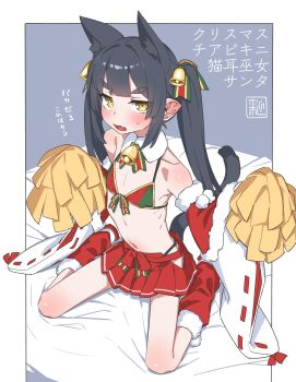 akari_(raigou) animal_ears bell bikini black_hair bow cat_ears cat_tail christmas commentary_request elf extra_ears fang fur-trimmed_collar fur-trimmed_leg_warmers fur-trimmed_sleeves fur_trim green_bikini hair_bell hair_ornament hair_ribbon hakama highres indoors japanese_clothes leg_warmers miko multicolored_bikini neck_bell nontraditional_miko open_mouth original pointy_ears pom_pom_(cheerleading) ponytail raigou red_bikini red_hakama ribbon seal_impression sidelocks skin_fang swimsuit tail thick_eyebrows two-tone_bikini