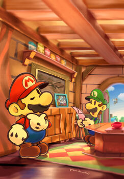 2boys artist_name bombette bow_(paper_mario) brothers brown_hair cloud commentary_request cup day facial_hair gloves goombario green_hat hat highres holding holding_paper indoors kooper lakilester luigi male_focus maribou_(supermaribou) mario mario_(series) multiple_boys mustache nintendo one_eye_closed open_mouth overalls paper paper_luigi paper_mario paper_mario:_the_thousand-year_door paper_mario_(character) paper_mario_64 parakarry red_hat rug siblings sky standing sushie table twitter_username watt_(paper_mario) white_gloves