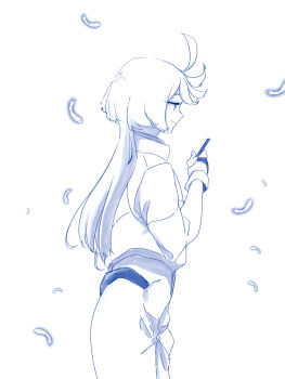 1girl absurdres ahoge closed_mouth commentary_request falling_feathers feathers greyscale gundam gundam_suisei_no_majo highres holding kusakayosituki1 long_hair miorine_rembran monochrome profile smile solo spacesuit