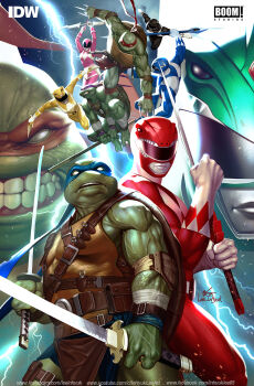 2girls 6+boys adam_park aisha_campbell arm_guards armor belt black_bodysuit blue_bodysuit bodysuit boots bow bow_(weapon) commentary crossover dagger dino_buckler donatello_(tmnt) dragon_ranger dual_wielding english_commentary footninja gloves gold_armor gold_trim green_bodysuit helmet highres holding holding_bow_(weapon) holding_dagger holding_knife holding_staff holding_sword holding_weapon in-hyuk_lee katana kimberly_ann_hart knife leonardo_(tmnt) looking_at_viewer mammoth_ranger mask michelangelo_(tmnt) mighty_morphin_black_ranger mighty_morphin_blue_ranger mighty_morphin_green_ranger mighty_morphin_pink_ranger mighty_morphin_power_rangers mighty_morphin_red_ranger mighty_morphin_yellow_ranger multiple_boys multiple_girls ninja ninjatou nunchaku official_art pink_bodysuit power_rangers power_rangers_(boom!_studios) ptera_ranger raphael_(tmnt) realistic red_bodysuit rocky_desantos sai_(weapon) short_sword shoulder_armor staff sword teenage_mutant_ninja_turtles teenage_mutant_ninja_turtles_(idw) tiger_ranger tommy_oliver tricera_ranger turtle tyranno_ranger weapon william_cranston yellow_bodysuit