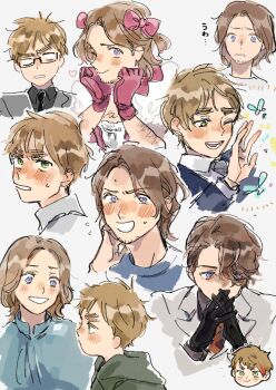 2boys aged_down axis_powers_hetalia blonde_hair blush bow child crossdressing crossdressing_(mtf) facial_hair france_(hetalia) glasses gloves goatee_stubble green_eyes grey_background hair_bow highres jacket looking_at_viewer male_focus medium_hair multicolored_hair multiple_boys multiple_views necktie open_mouth purple_eyes shirt short_hair simple_background smile streaked_hair stubble thick_eyebrows united_kingdom_(hetalia) wazatsuki02