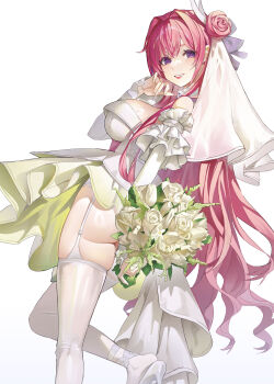 Rule 34 | 1girl, absurdres, bouquet, breasts, bridal veil, commentary, dorothy (nikke), flower, from behind, garter straps, goddess of victory: nikke, highres, holding, holding bouquet, large breasts, long hair, pink hair, pugom (koi wanko), purple eyes, simple background, smile, solo, thighhighs, thighs, veil, very long hair, white garter straps, white thighhighs
