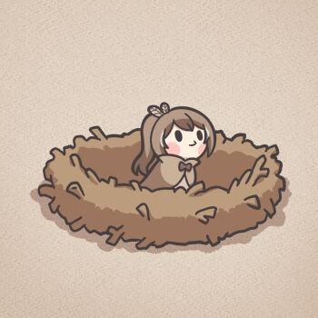 Rule 34 | 1girl, bird, bird nest, brown coat, brown eyes, brown hair, coat, feather hair ornament, feathers, hair ornament, highres, hololive, hololive english, in nest, kkeulna, long hair, multicolored hair, nanashi mumei, nest, owl, streaked hair, virtual youtuber