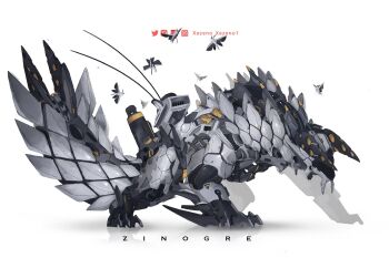 artist_name bug character_name claws from_side full_body horns insect joints mecha mecha_focus mechanization monster_hunter_(series) moth no_eyes no_humans non-humanoid_robot robot robot_joints simple_background solo tail white_background xezeno zinogre