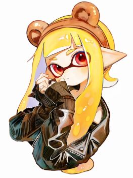 Rule 34 | 1girl, animal ear hairband, animal ears, bear ear hairband, bear ears, black jacket, blonde hair, blunt bangs, blush, brown hairband, closed mouth, cropped torso, fake animal ears, hairband, hands up, inkling, inkling girl, inkling player character, jacket, kodak painter, long hair, long sleeves, looking at viewer, nintendo, pointy ears, red eyes, simple background, sleeves past wrists, solo, splatoon (series), tentacle hair, thick eyebrows, white background