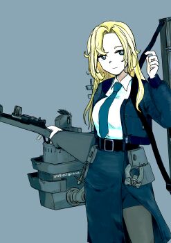 1girl absurdres belt blonde_hair blue_background blue_eyes blue_necktie breasts closed_mouth collared_shirt commentary_request dated gun halca_(technodrome) highres holding holding_gun holding_weapon hornet_(kancolle) jacket kantai_collection long_hair necktie open_clothes open_jacket pantyhose rigging shirt shirt_tucked_in simple_background skirt solo twitter_username weapon white_shirt
