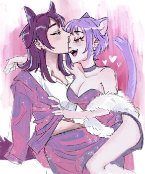 Rule 34 | 2girls, animal ear fluff, animal ears, bang dream!, bang dream! it's mygo!!!!!, black hair, blue eyes, blush, breasts, cat ears, cat girl, cat tail, choker, cleavage, collared shirt, commentary, dog ears, dog girl, dog tail, dress, ear piercing, hashtag-only commentary, heart, highres, jacket, kemonomimi mode, kryakw, large breasts, looking at another, multiple girls, piercing, pink eyes, purple choker, purple dress, purple hair, purple jacket, shirt, short hair, sitting, sitting on lap, sitting on person, tail, white shirt, yahata umiri, yuri, yuutenji nyamu