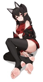 Rule 34 | 1girl, :q, absurdres, animal ears, ass, bare shoulders, between legs, black choker, black hair, black jacket, black thighhighs, breasts, choker, closed mouth, commission, crop top, extra ears, feet, half updo, hand between legs, highres, jacket, long hair, looking at viewer, midriff, off shoulder, open clothes, open jacket, original, pharamacom, podo (hrodvitnir), pointy ears, red eyes, red shirt, second-party source, shirt, sidelocks, simple background, sleeveless, sleeveless shirt, small breasts, smile, solo, stirrup legwear, thighhighs, toeless legwear, toes, tongue, tongue out, white background