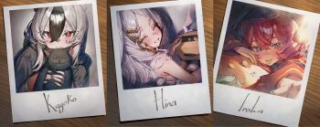 3girls absurdres animal bag_of_chips betabeet black_hair blue_archive cat character_name chips_(food) closed_eyes fake_photograph fluffy_hair food grey_eyes grin hair_ornament hairclip halo hat highres hina_(blue_archive) holding holding_animal holding_cat iroha_(blue_archive) kayoko_(blue_archive) long_hair multicolored_hair multiple_girls parted_bangs peaked_cap photo_(object) polaroid_photo potato_chips red_eyes red_hair smile thighhighs two-tone_hair white_hair