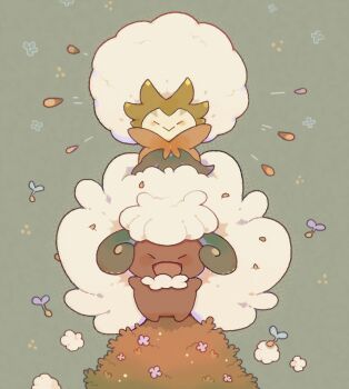 :< ^_^ akadako animal_focus big_hair closed_eyes closed_mouth eldegoss facing_viewer flower full_body gen_5_pokemon gen_8_pokemon grass green_background happy long_hair nintendo no_humans open_mouth pink_flower pokemon pokemon_(creature) seed smile standing straight-on trait_connection very_long_hair whimsicott white_hair