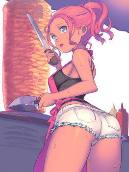 Rule 34 | 1girl, apron, ass, back, bare shoulders, blue eyes, bottle, breasts, cooking, cowboy shot, cutoffs, dark-skinned female, dark skin, denim, denim shorts, doner kebab, doner sandwich, enkyo yuuichirou, female focus, food, food stand, from behind, grill, headwear writing, highres, holding, ketchup, knife, lipstick, looking at viewer, looking back, makeup, meat, medium breasts, mustard, open mouth, original, pink lips, pocket, ponytail, red hair, rotisserie, shish kebab, short shorts, shorts, sideboob, solo, standing, sweat, tank top, thighs, tongue, tongue out, vertical rotisserie, white background, white shorts