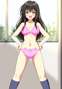 1girl absurdres black_hair blue_socks blurry blurry_background blush bow bow_bra bow_panties bra breasts brown_eyes commentary_request commission crotch_seam depth_of_field frown groin hands_on_own_hips highres indoors kneehighs kotegawa_yui large_breasts looking_at_viewer navel open_mouth panties partial_commentary pink_bra pink_panties pixiv_commission socks solo standing to_love-ru underwear underwear_only zanntetu