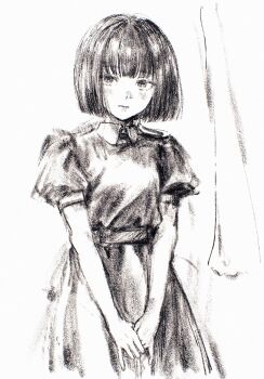 1girl blush dress expressionless graphite_(medium) greyscale highres looking_at_viewer machihazure monochrome original own_hands_together short_hair solo traditional_media