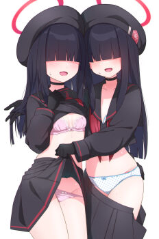 2girls absurdres black_choker black_gloves black_hair black_hat black_skirt blue_archive blue_bra blue_panties bra choker clothes_lift commentary_request facing_viewer gloves hair_over_eyes halo hat highres justice_task_force_member_(blue_archive) loli long_hair multiple_girls open_mouth orange-bird panties pink_bra pink_panties polka_dot polka_dot_bra polka_dot_panties red_halo school_uniform serafuku shirt_lift simple_background skirt underwear white_background