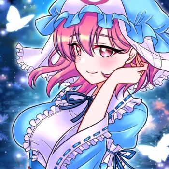 1girl blue_kimono breasts bug butterfly commentary_request frilled_kimono frills ibispaint_(medium) insect japanese_clothes kimono looking_at_viewer pink_eyes pink_hair saigyouji_yuyuko short_hair smile solo touhou triangular_headpiece wide_sleeves yori_(pixiv_33062912)