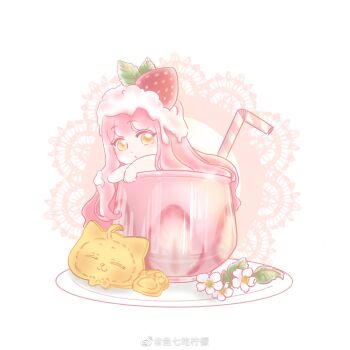 1girl :o animal-themed_food bare_arms bare_shoulders chibi chinese_commentary commentary_request cookie crossed_arms cup dot_nose drinking_glass drinking_straw eyelashes flower food food_on_head fruit hair_flowing_over highres icing in_food lace leaf light_blush long_hair momo_(nikki) nikki_(nikki) nikki_(series) object_on_head open_mouth paw_print pink_hair plate shining_nikki sidelocks smoothie solo strawberry strawberry_slice swept_bangs tareme very_long_hair watermark wavy_hair weibo_watermark white_background white_flower xiaoyu_qixing yellow_eyes