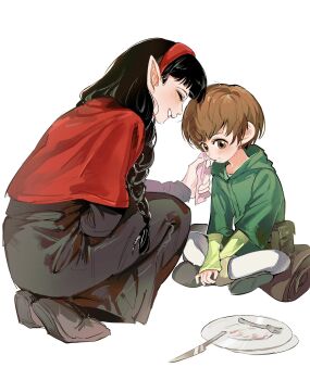 26duuuu 2girls aged_down alternate_species amagi_yukiko black_dress black_hair blush bob_cut braid brown_eyes brown_hair brown_shoes capelet closed_eyes closed_mouth commentary_request crossover dress dungeon_meshi elf empty_plate food food_on_face fork full_body green_hoodie grin hairband handkerchief highres holding holding_handkerchief hood hoodie indian_style knife large_ears long_hair looking_down multiple_girls persona persona_4 plate pointy_ears red_capelet red_hairband satonaka_chie shoes short_hair simple_background sitting smile squatting white_background