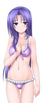 1girl bikini blush breasts frilled_bikini frills front-tie_top game_cg hair_ornament higuchi_isami large_variant_set long_hair looking_at_viewer mahou_shoujo_sae medium_breasts murakami_shizuru navel non-web_source official_art purple_bikini purple_eyes purple_hair shiny_skin solo swimsuit thigh_gap transparent_background variant_set