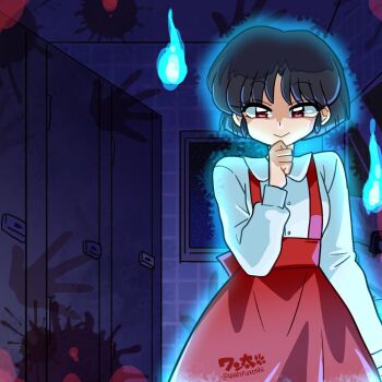 1girl artist_name aura bathroom black_hair blood blood_splatter blouse blue_aura blunt_ends bob_cut breasts clenched_hand commentary cosplay cowboy_shot dress_shirt eyelashes faucet hand_on_own_chin handprint hitodama horror_(theme) indoors japanese_urban_legends long_sleeves looking_at_viewer medium_breasts mirror narrowed_eyes naughty_face raised_eyebrows ranma_1/2 red_eyes red_skirt shaded_face shirt short_hair signature sink skirt smile solo standing suspender_skirt suspenders tendou_akane tile_wall tiles toilet_stall toire_no_hanako-san toire_no_hanako-san_(cosplay) twitter_username wanta_(futoshi) white_shirt window