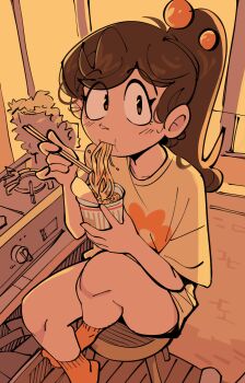 1girl absurdres bare_legs brown_eyes brown_hair chopsticks collarbone eyelashes floral_print food from_above high_ponytail highres holding holding_chopsticks holding_with_chopsticks i_was_born_to_work_retail instant_cup_noodles instant_noodles jenny_(peargor) looking_at_viewer no_pants noodles on_stool orange_socks original oversized_clothes oversized_shirt parted_bangs peargor ponytail portable_stove shirt sitting slurping socks solo toon_(style) wide-eyed yellow_shirt yellow_theme