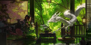 Rule 34 | 1girl, absurdres, architecture, black hair, black kimono, chabudai, cherry blossoms, claws, cup, cushion, dragon, east asian architecture, eastern dragon, forest, glaw, highres, holding, holding cup, horns, japanese clothes, katana, kimono, lamp, nature, oil-paper umbrella, original, plant, potted plant, railing, seiza, sitting, steam, sword, table, tea, tea set, teapot, tree, umbrella, vase, weapon, white dragon, wooden floor, wooden railing, zabuton