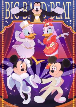 2girls 3boys animal_ears bow daisy_duck donald_duck dress duck_boy duck_girl dusneyland gloves goofy hair_bow highres looking_at_viewer mickey_mouse mickey_mouse_&amp;_friends minnie_mouse mouse_ears multiple_boys multiple_girls open_mouth red_dress shirt smile takatmaorange white_gloves