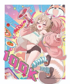 1girl animal_ear_fluff animal_slippers black_shorts brown_hair candy character_name copyright_notice emma_0215 fang food hair_ornament hairpin highres holding holding_megaphone jacket komachi_panko lollipop loose_socks megaphone milestone_celebration navel open_clothes open_jacket open_mouth outline paw_print phase_connect pink_jacket plate red_eyes red_panda_ears red_panda_girl red_panda_tail shadow short_shorts shorts skin_fang slippers socks star_(symbol) striped_clothes striped_socks two-tone_socks v virtual_youtuber white_outline zipper