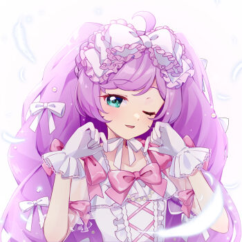 Rule 34 | 1girl, ahoge, bow, commentary, ebi nana, feathers, gloves, green eyes, hair bow, hair ribbon, hands up, highres, lolita fashion, long hair, looking at viewer, manaka laala, official alternate costume, official alternate hairstyle, one eye closed, open mouth, pink ribbon, pretty series, pripara, purple hair, ribbon, smile, solo, sweet lolita, untranslatable commentary, upper body, white background, white bow, white gloves, white ribbon