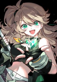 1girl absurdres bare_shoulders belt brown_hair crop_top crystal earrings elsword fingerless_gloves gloves green_eyes hair_ornament highres holding holding_crystal jewelry light_blush lithia_beryl_(elsword) long_hair midriff n.e.k.o n.e.k.o_(the_four_seasons_of_farewells) narugrm one_side_up open_mouth sleeveless solo stomach ushio x_hair_ornament yoichi_yukimura