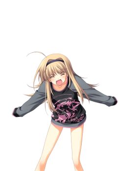 1girl bare_legs black_hairband blonde_hair blood_tune blush bottomless breasts chaos;head character_name character_print closed_eyes frustrated game_cg hairband leaning_forward long_sleeves loungewear matsuo_yukihiro nishijou_nanami non-web_source official_art open_mouth outstretched_arms pink_trim science_adventure seira_orgel small_breasts solo sprite sweater swept_bangs transparent_background