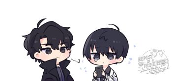 2boys ahoge black_coat black_hair black_shirt breath coat collared_shirt commentary double-parted_bangs hair_between_eyes hands_up holding holding_phone kim_dokja kimidori_22 looking_at_another looking_at_phone male_focus multiple_boys omniscient_reader&#039;s_viewpoint open_clothes open_coat phone popped_collar shirt short_hair symbol-only_commentary tears upper_body white_coat yoo_joonghyuk