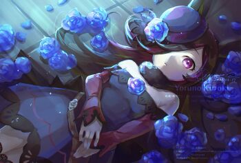 Rule 34 | 1girl, animal ears, bare shoulders, black thighhighs, blue dress, blue flower, blue hat, blue rose, breasts, brown hair, closed mouth, commentary request, dress, flipped hair, flower, fur choker, hair over one eye, hat, hat flower, horse ears, horse girl, long hair, long sleeves, looking at viewer, lying, off-shoulder dress, off shoulder, on back, purple eyes, rice shower (rosy dreams) (umamusume), rice shower (umamusume), rose, sheath, small breasts, solo, thighhighs, tilted headwear, umamusume, watermark, y kuroki