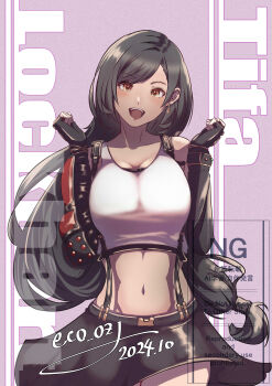 1girl absurdres bare_shoulders belt black_hair black_skirt blush breasts breasts_squeezed_together character_name commentary_request cowboy_shot crop_top dated earrings eco_ozy elbow_gloves final_fantasy final_fantasy_vii final_fantasy_vii_remake fingerless_gloves gloves hands_up highres jewelry large_breasts long_hair looking_at_viewer low-tied_long_hair midriff miniskirt navel open_mouth red_eyes signature single_arm_guard single_earring skirt solo straight-on suspender_skirt suspenders tank_top tifa_lockhart white_tank_top