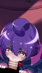 1boy 1girl ahoge animated bar_censor blue_jacket blush_stickers bow censored dark_gathering erection fellatio hair_between_eyes hair_bow hetero houzuki_yayoi jacket large_penis loli long_hair long_sleeves mizumizuni open_clothes open_jacket oral penis pov purple_hair red_bow red_eyes saliva skull-shaped_pupils solo_focus symbol-shaped_pupils tagme thick_eyebrows video