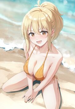 Rule 34 | 1girl, absurdres, beach, bikini, blonde hair, blurry, blurry background, breasts, breasts squeezed together, cleavage, collarbone, from above, hair between eyes, halterneck, happy, highres, kneeling, large breasts, light blush, looking at viewer, love live!, lower teeth only, miyashita ai, ocean, open mouth, orange bikini, ponytail, side-tie bikini bottom, sidelocks, solo, spread legs, swimsuit, tata (tataice), teeth, tongue, waves, yellow eyes